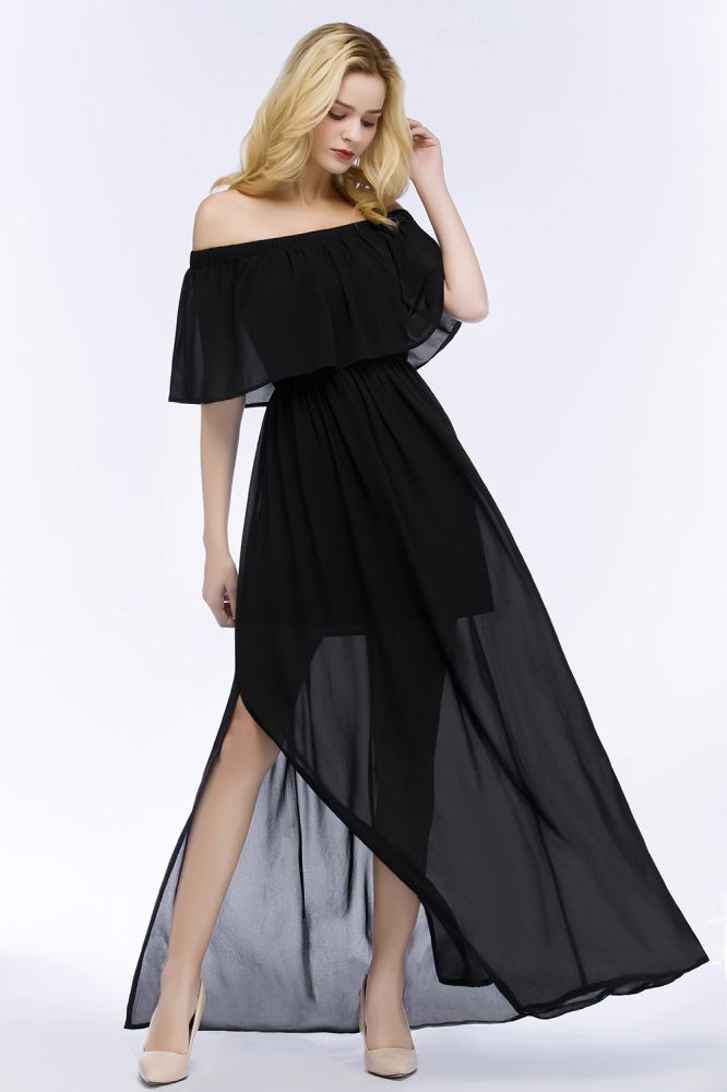 Vestidos de dama de honor de gasa negra con corte en A y hombros descubiertos hasta el suelo