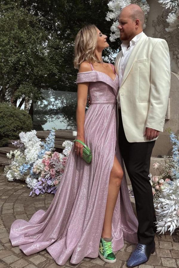 A-Linie, schulterfrei, glitzernd, langes Ballkleid mit Schlitz