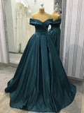 A-Linie, schulterfrei, lange Ballkleider, Satin, formelle Abendkleider