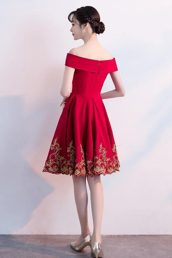 Vestidos de fiesta rojos con hombros descubiertos y corte en A con apliques de encaje PD122