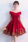 Vestidos de fiesta rojos con hombros descubiertos y corte en A con apliques de encaje PD122