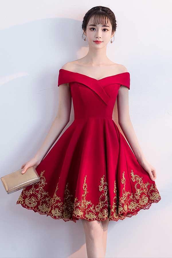 A-Linie, schulterfrei, rot, Homecoming-Kleid mit Spitzenapplikation, PD122