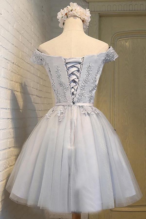 Vestido de fiesta de tul gris, corto, sin mangas, con hombros descubiertos, corte A, PD139