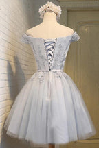 Vestido de fiesta de tul gris, corto, sin mangas, con hombros descubiertos, corte A, PD139