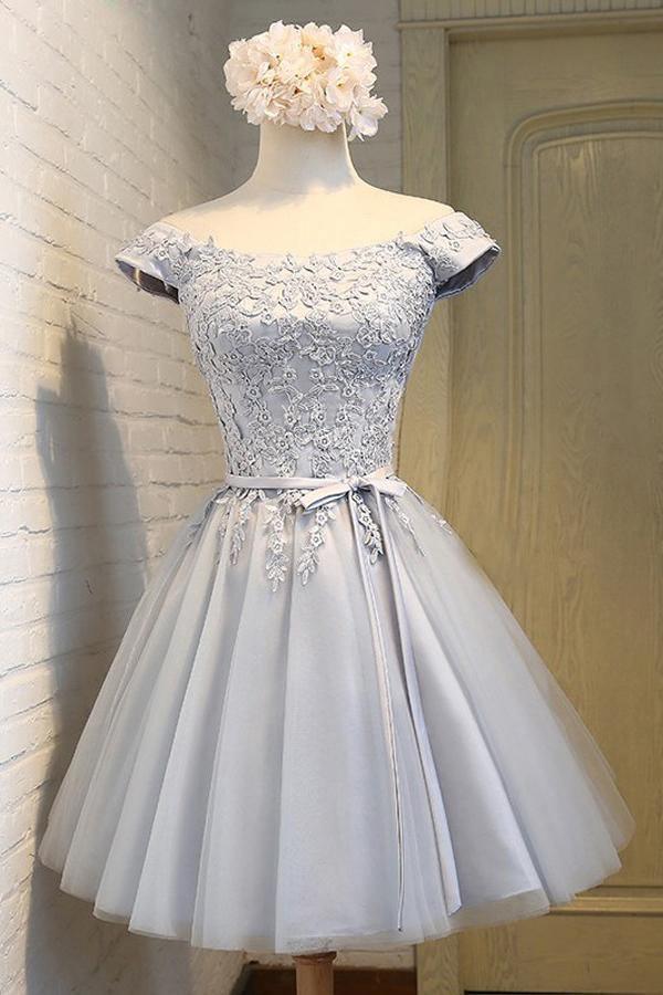 A-Linie, schulterfrei, kurz, ärmellos, grau, Tüll, Homecoming-Kleid, PD139