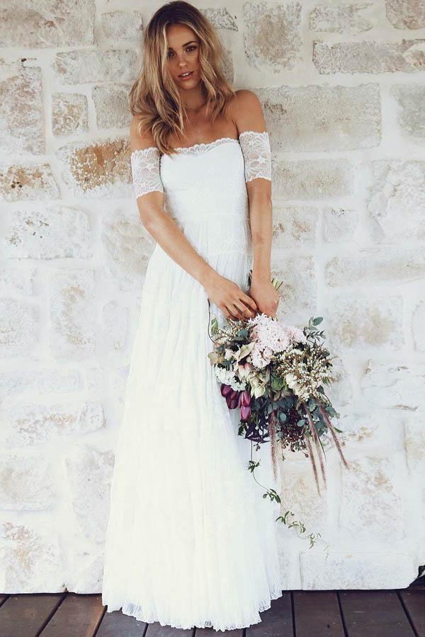 Vestido de novia bohemio de encaje, corte A, hombros descubiertos, manga corta WD396