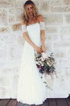 Vestido de novia bohemio de encaje, corte A, hombros descubiertos, manga corta WD396