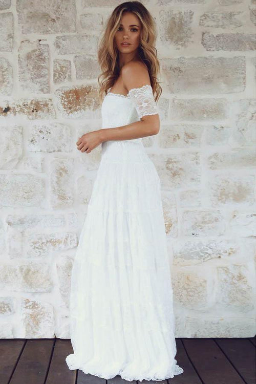 Vestido de novia bohemio de encaje, corte A, hombros descubiertos, manga corta WD396