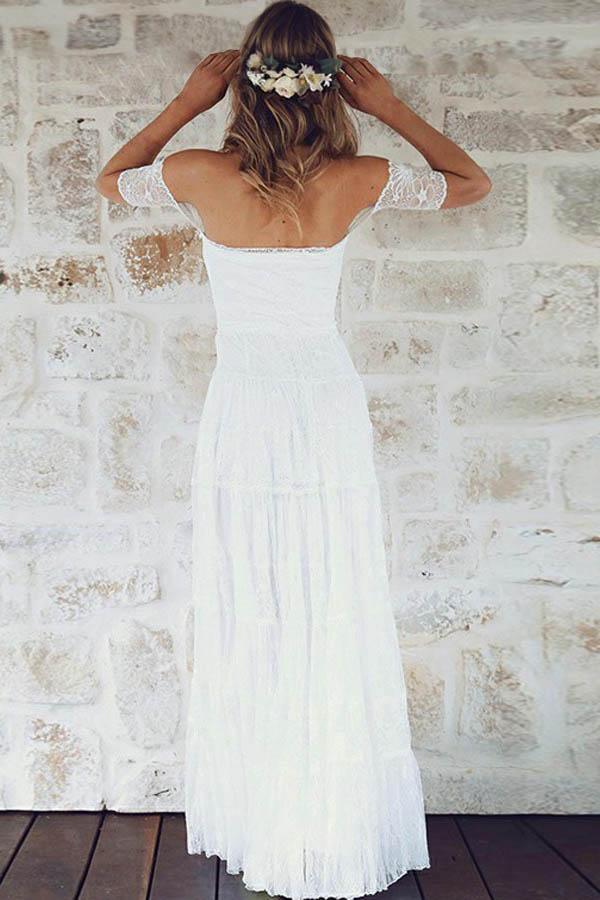 Vestido de novia bohemio de encaje, corte A, hombros descubiertos, manga corta WD396