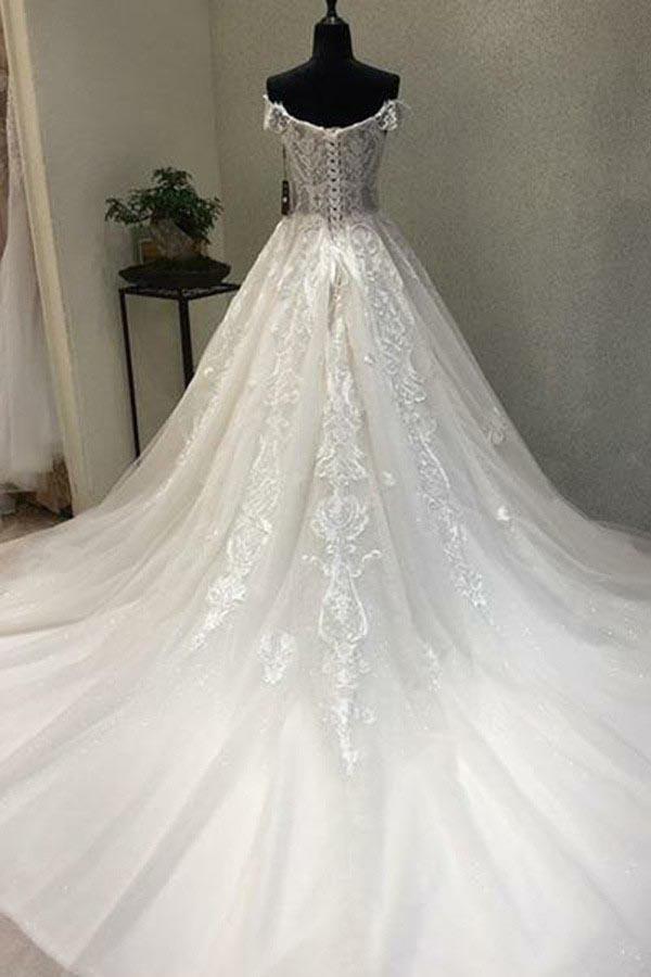 A-Linie, schulterfrei, kurze Ärmel, Brautkleid mit Applikationen WD226