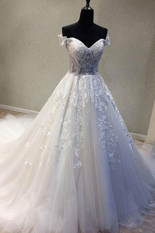 A-Linie, schulterfrei, kurze Ärmel, Brautkleid mit Applikationen WD226