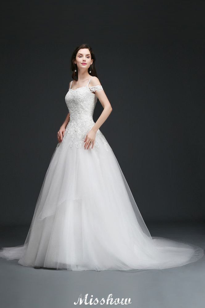 A-line Off-the-Shoulder Tulle Elegant Wedding Dresses with Appliques