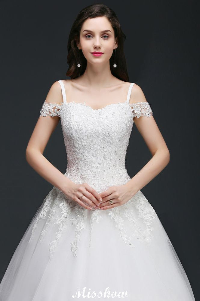 A-line Off-the-Shoulder Tulle Elegant Wedding Dresses with Appliques