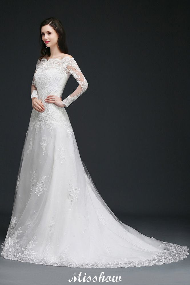 A-line Off-The-Shoulder Tulle Glamorous Wedding Dresses with Lace