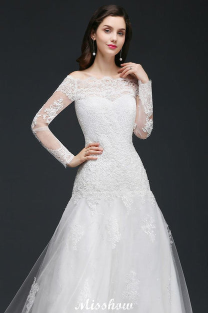 A-line Off-The-Shoulder Tulle Glamorous Wedding Dresses with Lace