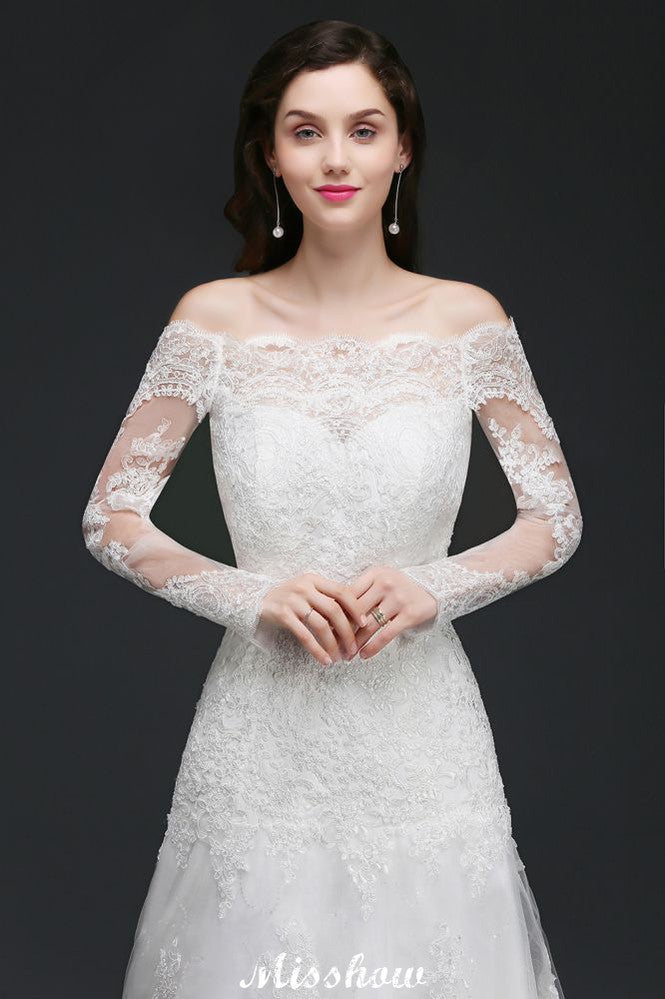 A-line Off-The-Shoulder Tulle Glamorous Wedding Dresses with Lace