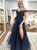 Vestido largo de tul con hombros descubiertos y corte A para graduación, fiesta de noche formal con abertura