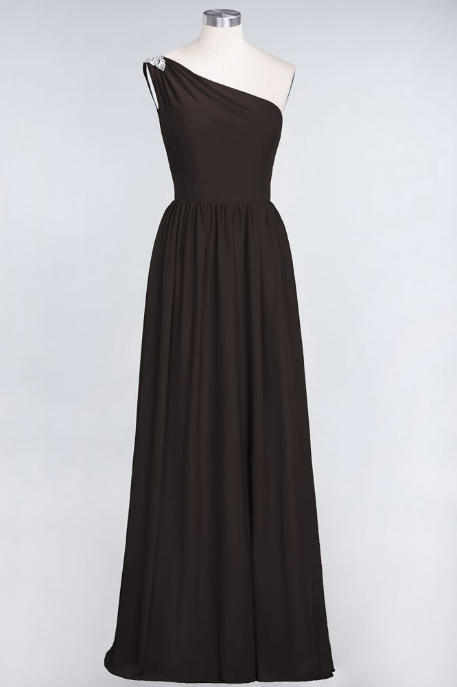 Vestido de dama de honor de corte A, un hombro, sin mangas, con volantes y cuentas, largo hasta el suelo.
