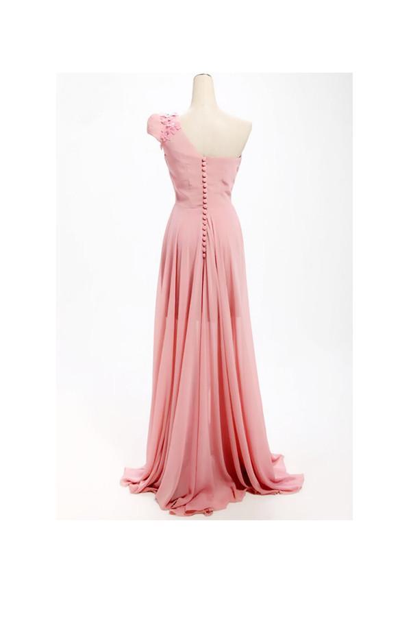 Vestido de dama de honor largo de gasa con un hombro descubierto y flores, corte A, BD017