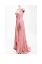 Vestido de dama de honor largo de gasa con un hombro descubierto y flores, corte A, BD017