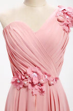 Vestido de dama de honor largo de gasa con un hombro descubierto y flores, corte A, BD017