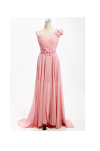 Vestido de dama de honor largo de gasa con un hombro descubierto y flores, corte A, BD017
