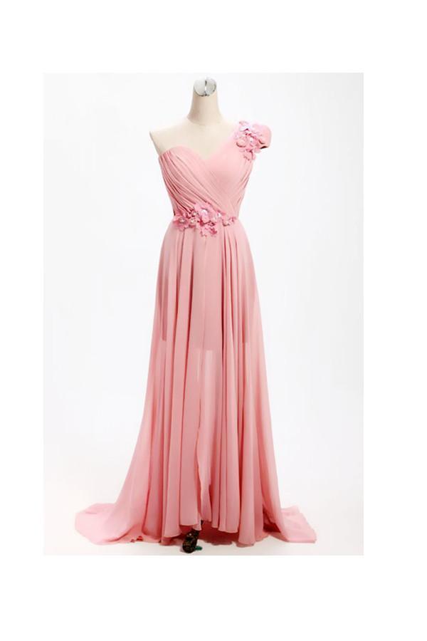 Vestido de dama de honor largo de gasa con un hombro descubierto y flores, corte A, BD017