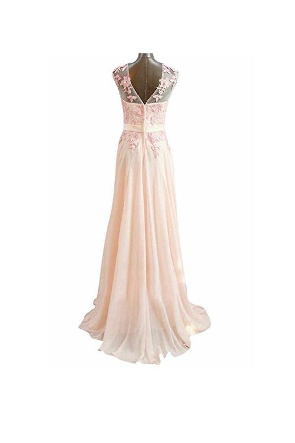 Vestido de noche largo de gasa con encaje rosa, corte A, PG273