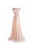 Vestido de noche largo de gasa con encaje rosa, corte A, PG273