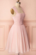 A-Linie Rosa Tüll Träger Falten Perlen Homecoming Kleid Kurzes Ballkleid PD274