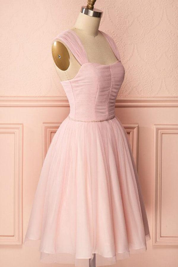 A-Linie Rosa Tüll Träger Falten Perlen Homecoming Kleid Kurzes Ballkleid PD274