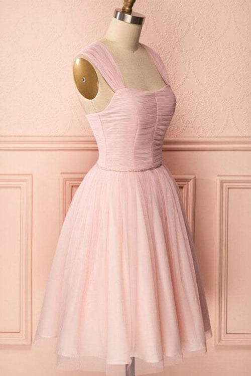 Vestido corto de fiesta de tul rosa con tirantes, pliegues y cuentas, corte A, PD274