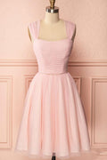 A-Linie Rosa Tüll Träger Falten Perlen Homecoming Kleid Kurzes Ballkleid PD274
