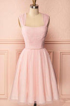 A-Linie Rosa Tüll Träger Falten Perlen Homecoming Kleid Kurzes Ballkleid PD274