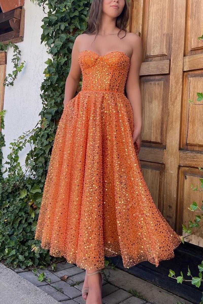 Melina | A-Linie Ballkleider Sparkle &amp; Shine Kleid Cocktailparty Bodenlang Ärmellos Sweetheart Spitze mit Pailletten