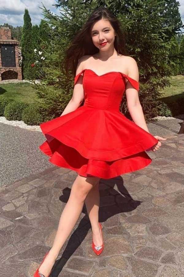 Vestido de fiesta corto de satén rojo con tirantes en A y escote en V PD377