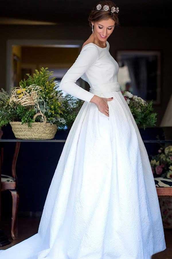 A-Linie Rundhals rückenfreies Satin Brautkleid mit Ärmeln WD266
