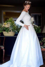 A-Linie Rundhals rückenfreies Satin Brautkleid mit Ärmeln WD266