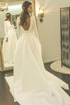 A-Linie Rundhals rückenfreies Satin Brautkleid mit Ärmeln WD266