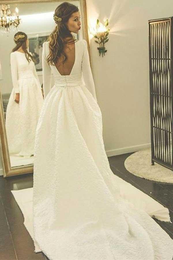 Vestido de novia de satén con escote redondo, espalda descubierta y mangas, corte A, WD266