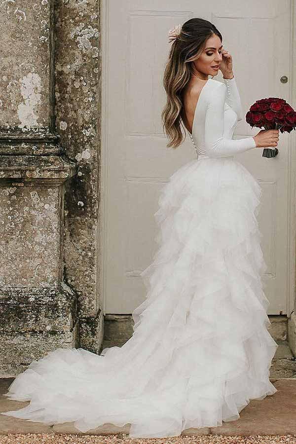 A-Linie Rundhals Hofschleppe Tüll Brautkleid mit langen Ärmeln WD307