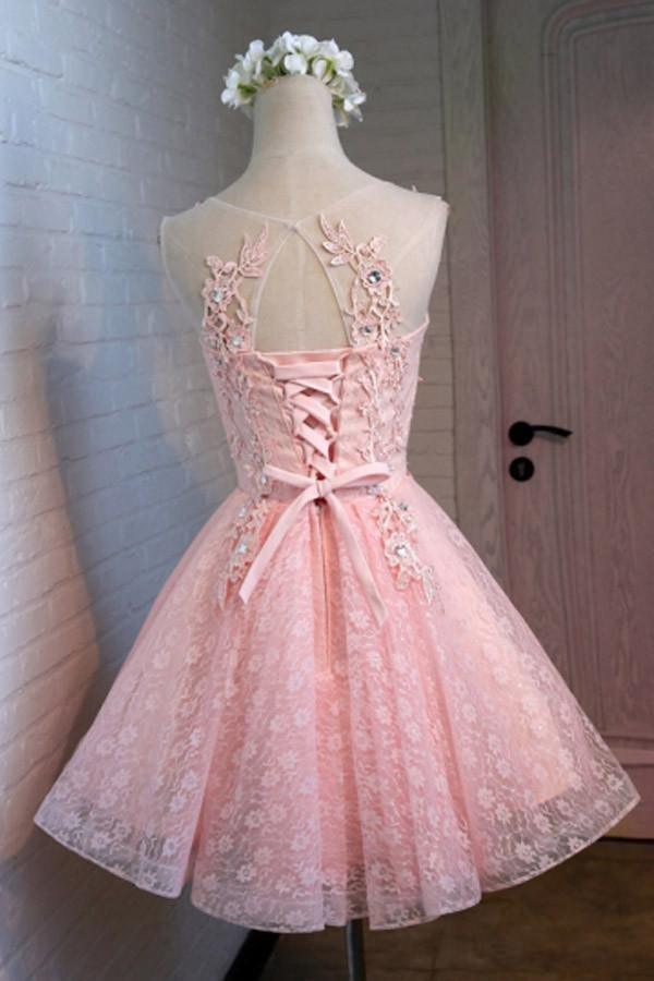 Vestido de cóctel con escote redondo, encaje y cuentas, corte A, PG129