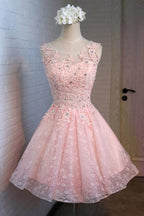 A-Linie Rundhalsausschnitt Spitze Perlen Homecoming Kleid Cocktailkleid PG129