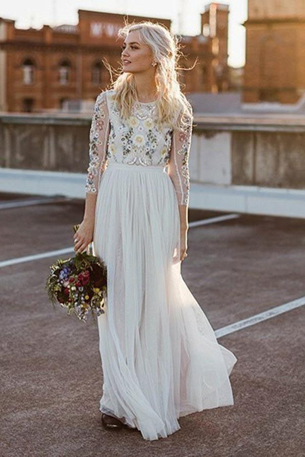 Vestido de novia largo de corte A con escote redondo y mangas largas de encaje WD341