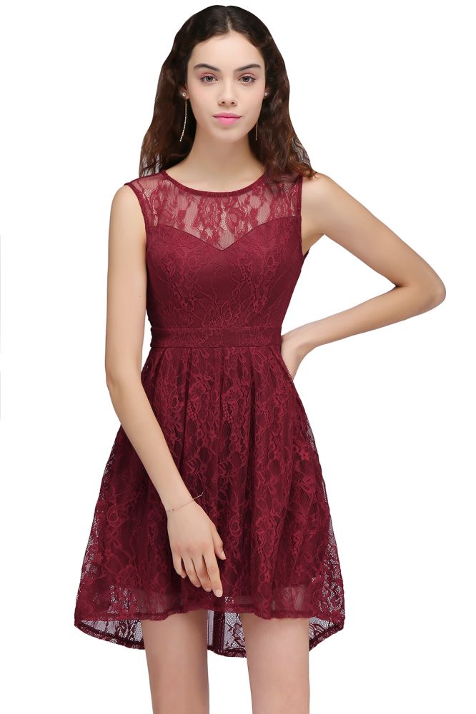 A-Line Round Neck Short Lace Burgundy Homecoming Dresses