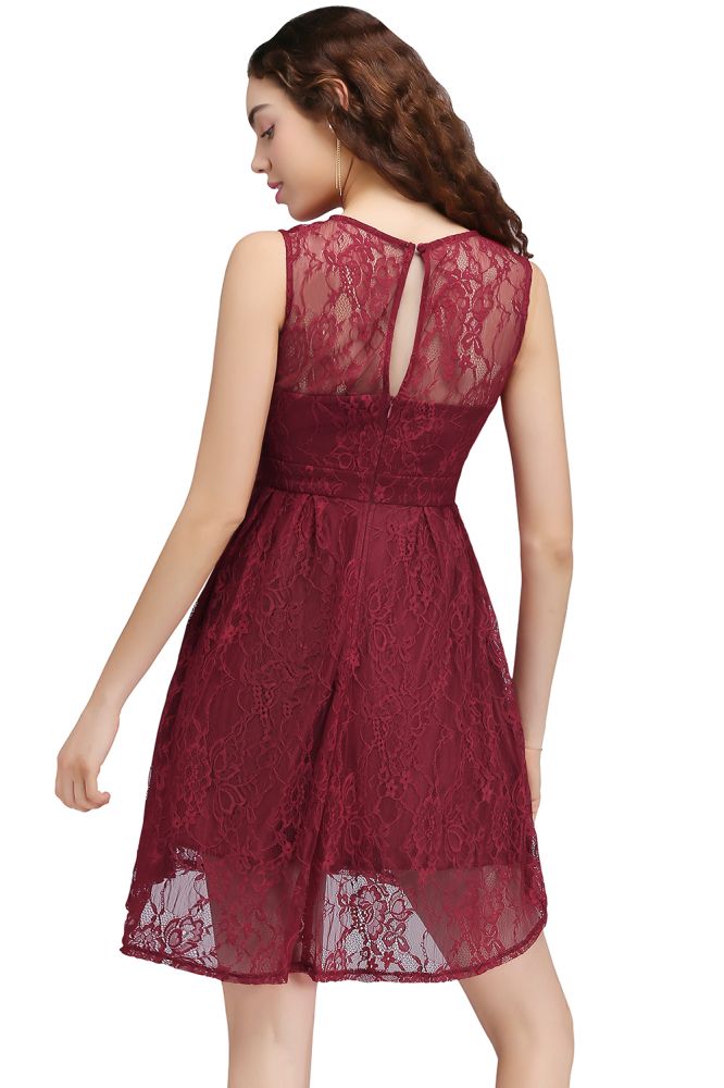A-Line Round Neck Short Lace Burgundy Homecoming Dresses