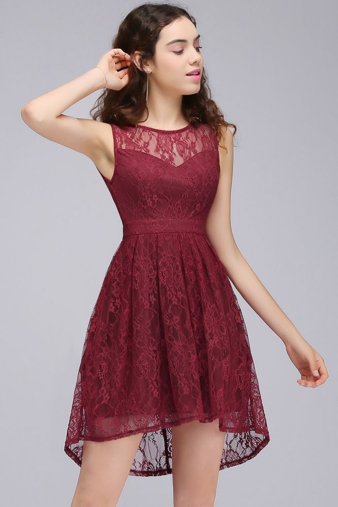 A-Line Round Neck Short Lace Burgundy Homecoming Dresses