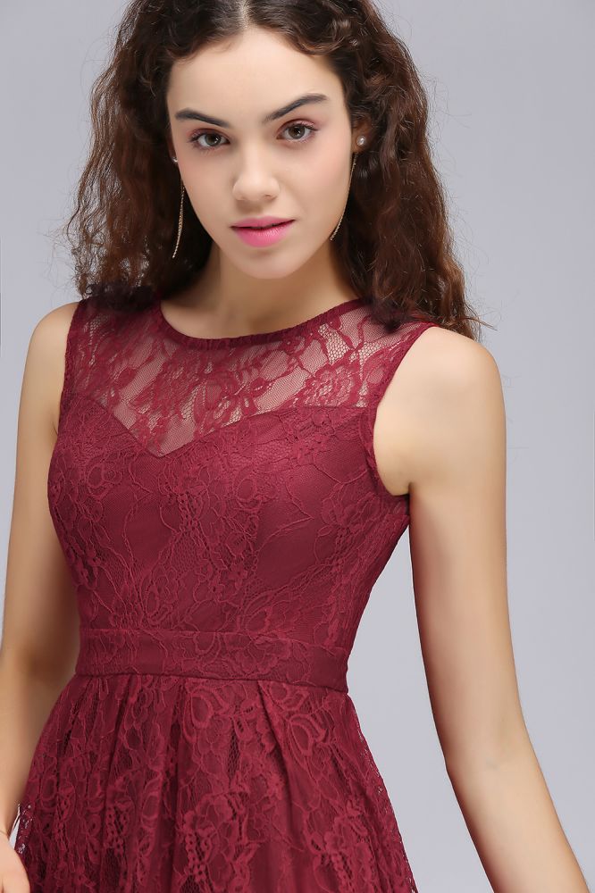 A-Line Round Neck Short Lace Burgundy Homecoming Dresses