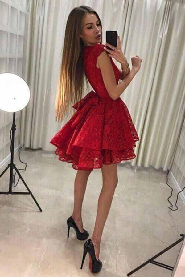 A-Linie Rundhals Kurzes rotes Homecoming-Partykleid mit Spitze PD228