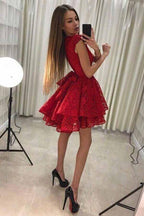 A-Linie Rundhals Kurzes rotes Homecoming-Partykleid mit Spitze PD228